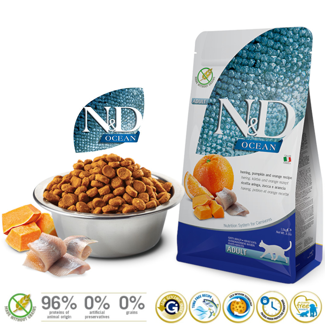 FARMINA N&D Ocean Herring, Pumpkin & Orange Adult - suchá karma pro kočku - 1,5kg - foto 1