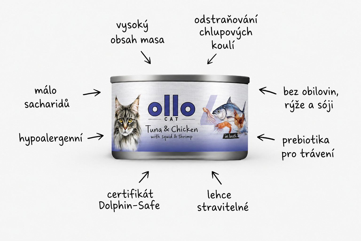 OLLO Cat nr 4 Tuna & Chicken with squid & shrimp in broth - mokré krmivo pro kočky - 70g - foto 1
