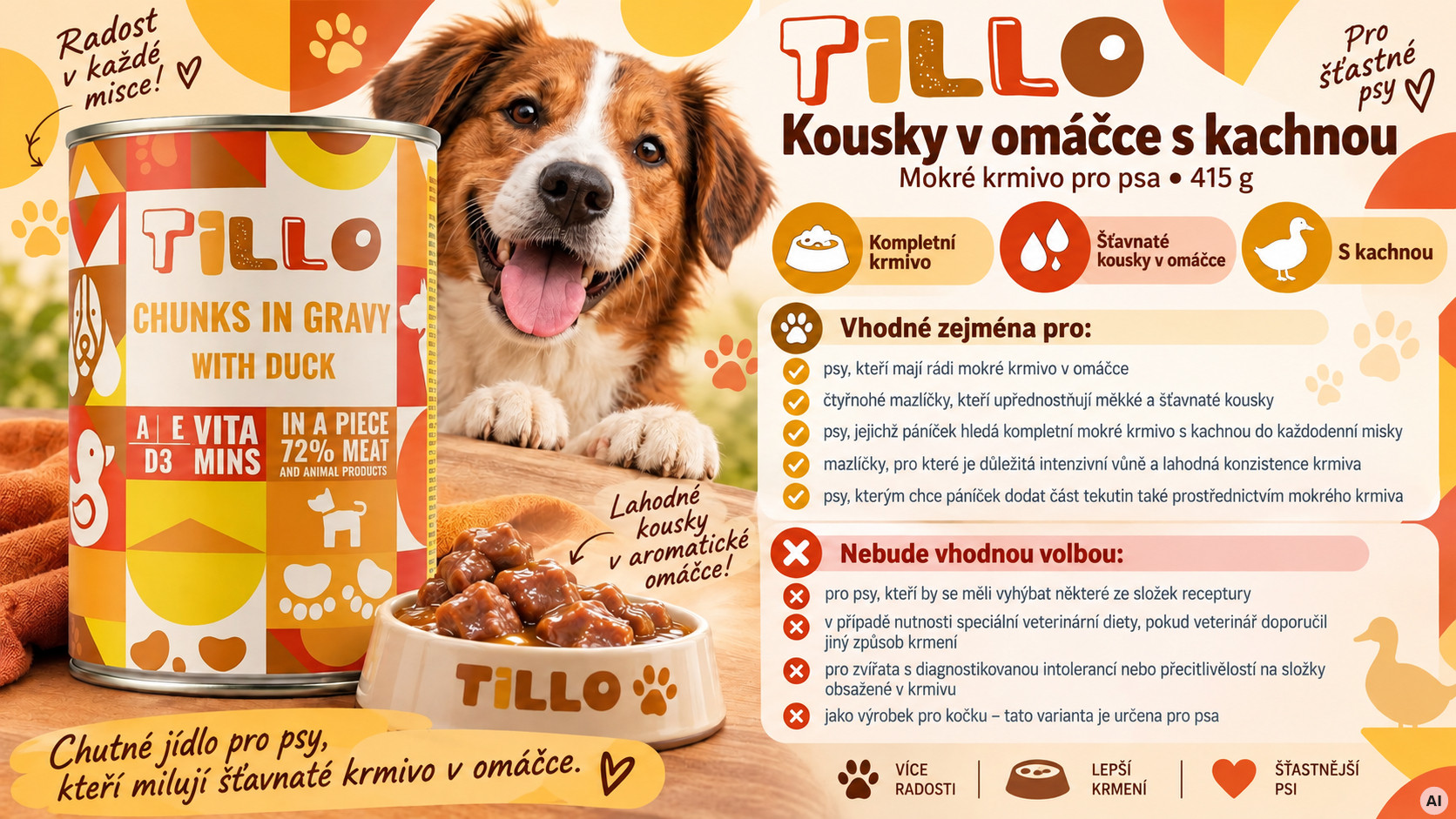TILLO Kousky v omáčce Mix 5 příchutí - mokré krmivo pro psy - 5x415g - foto 8