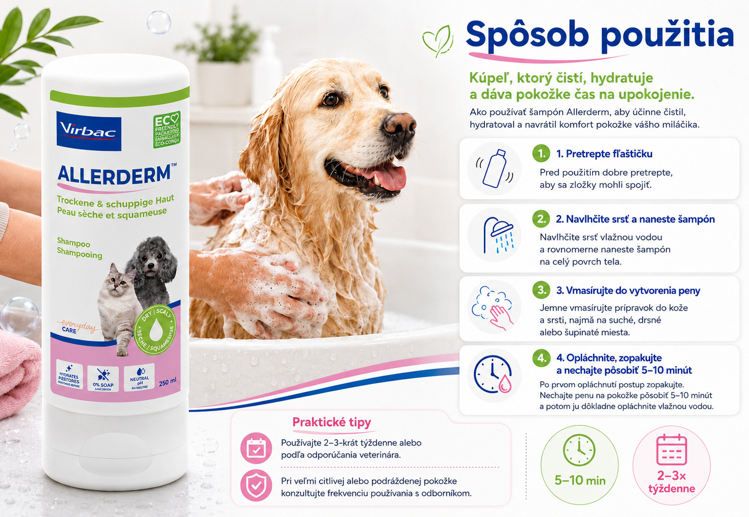 VIRBAC Allerderm suchá a šupinatá kůže - šampon pro psy a kočky - 250 ml - foto 3