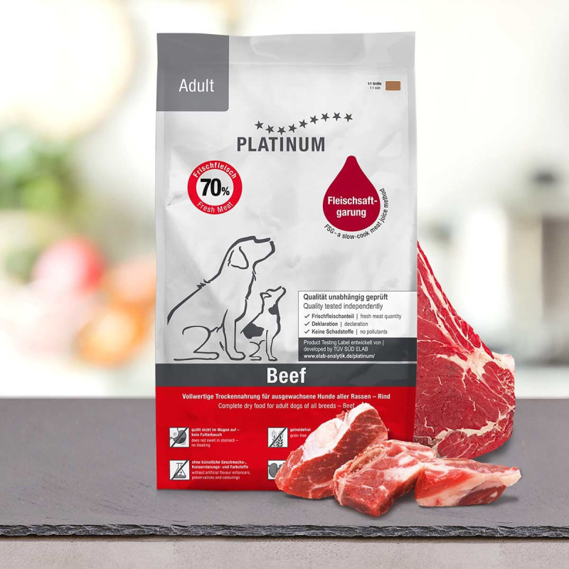 PLATINUM Adult Beef – polovlhké krmivo pro psy – 3x5 kg (15 kg) + pamlsek PLATINUM Xmas-Bits Iberico 6x150 g ZDARMA - foto 1