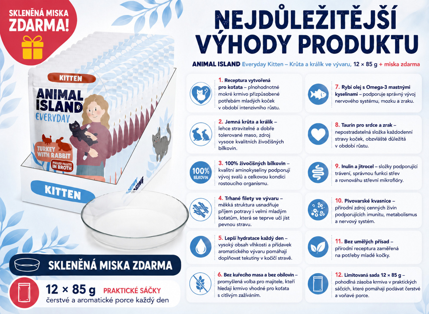 ANIMAL ISLAND Everyday Kitten Turkey and rabbit in broth Box - mokré krmivo pro kočky - 12x85g + talířek zdarma - foto 1