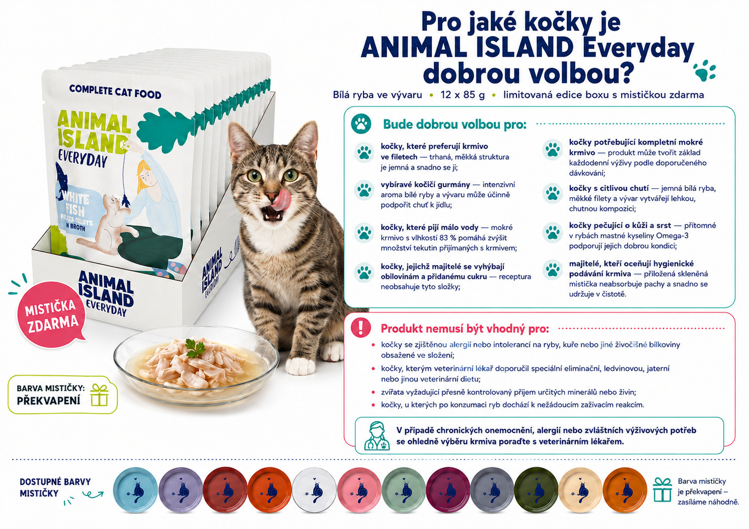 ANIMAL ISLAND Everyday White fish in broth Box - mokré krmivo pro kočky - 12x85g + talířek zdarma - foto 2