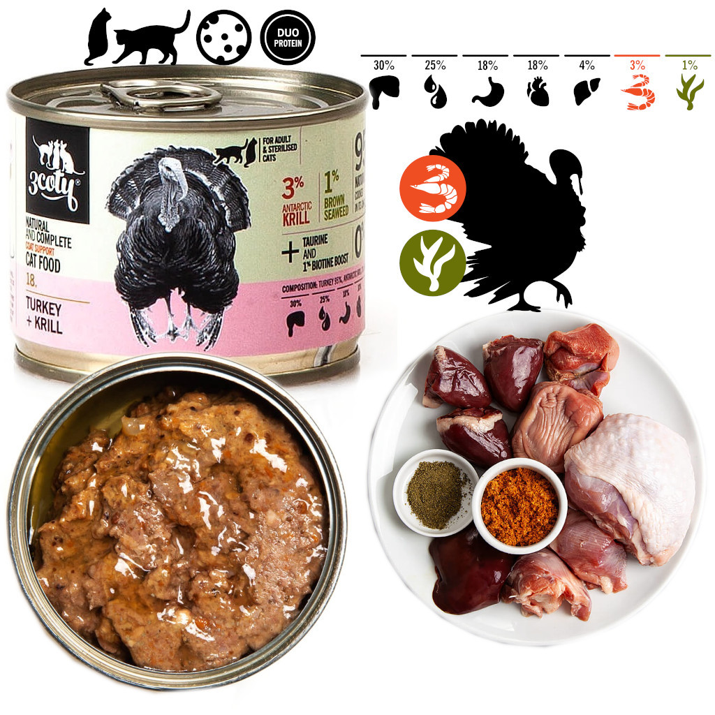3COTY 18. Turkey with krill Coat support - mokré krmivo pro kočky - 12x180g - foto 2