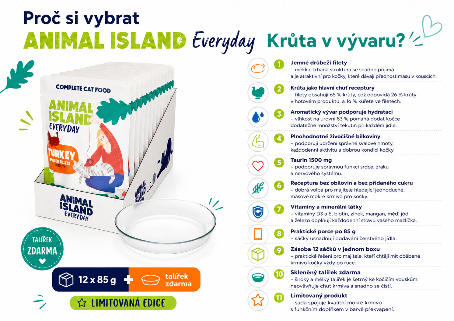 ANIMAL ISLAND Everyday Turkey in broth Box - mokré krmivo pro kočky - 12x85g + talířek zdarma - foto 1