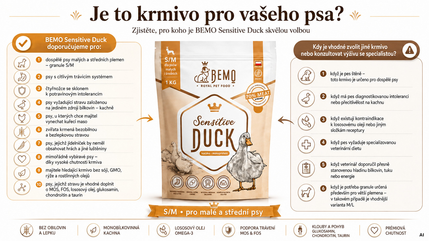 BEMO Sensitive Duck Small/Medium Mono - suché krmivo pro psy - 1kg - foto 2